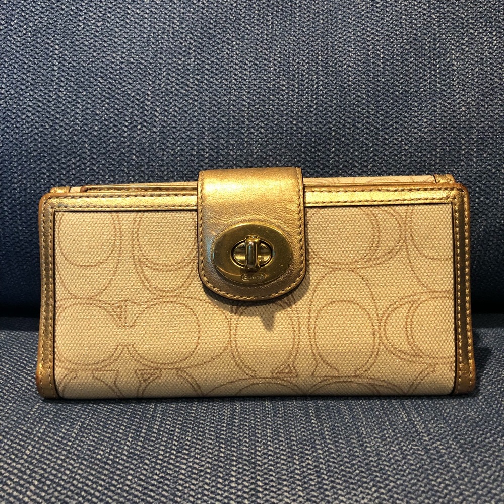 Metallic Gold Logo Coach Canvas Wallet